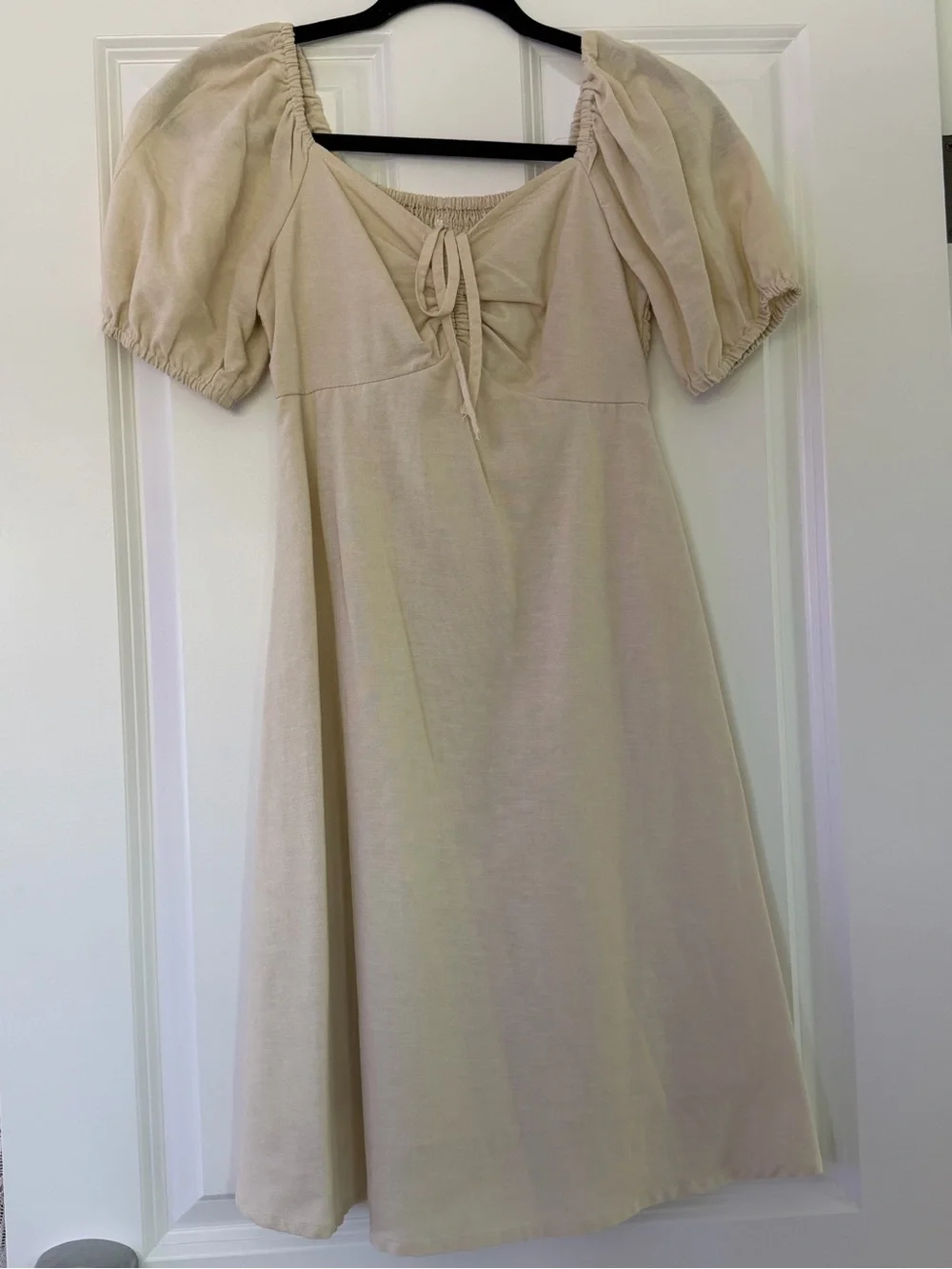 Women's Linen Blend Cream Peasant Midi Dress with Puff Sleeves